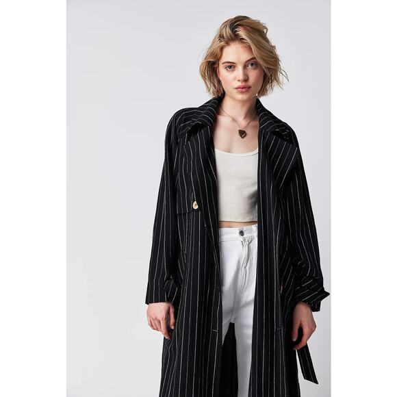 #232 NWT-Free People Linen Blend Blue Striped Melia Mac Trench Coat Sz:M Ret$228 - Picture 3 of 8